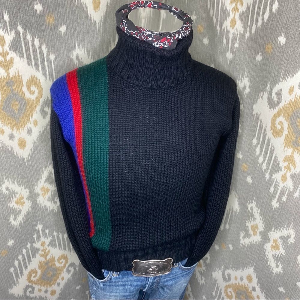 Ralph Lauren Vintage 90's Black Multi Color Block Stripe Wool Turtleneck Sweater